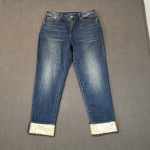 Chicos Jeans Women's 4R Blue Boyfriend Ankle Cuffed Sequin Accent